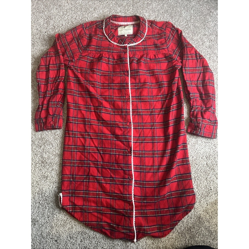 Lee Valley Ireland Red Cotton Flannel Plaid Nightgown SMALL Long ‎ Sleep Shirt